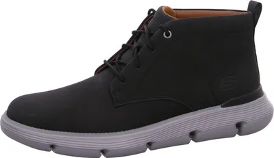 A single black Skechers boot is shown against a white background.