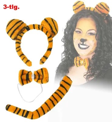 Produktbild von 3-teiliges Tiger Set Haarreif Fliege Schwanz Halloween Karneval Party Cosplay