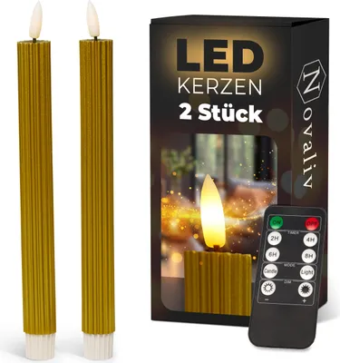 Produktbild von Stabkerzen LED mit Timer GOLD 2er indoor mit Timer Funktion 6 Stunden ECHTWACHS gerippt 23cm Höhe für Kerzen 2,2cm Durchmesser 2 AAA Batterien notwendig LED Stabkerzen flackernde Flamme bewegliche