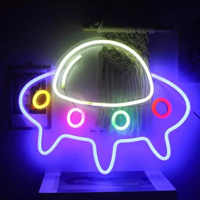 Image de Lumière LED NEON, luminaire mural décoratif, UFO vaisseau spatial bleu multicolore, env. 40 x 32 x 2 cm