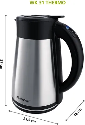 A silver and black electric kettle with dimensions indicated by lines and text.