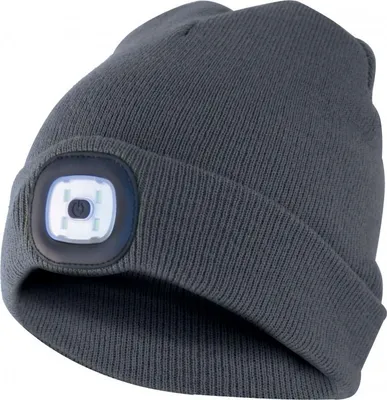 Produktbild von Mütze mit LED-Frontleuchte, Strickmütze mit LED-Licht ideal zum Joggen, Campen, Arbeiten, Spazieren etc., wiederaufladbar per USB und waschbar, dunkelgrau