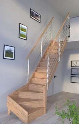 Produktbild von Holztreppe Rhodos in 1/4 gewendelter Ausführung rechts-Eiche-Design Geländer Edelstahl-beidseitig-mit Setzstufen