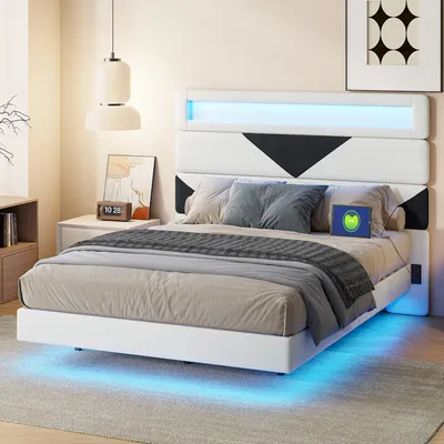 Immagine prodotto di Letto imbottito 140x190cm con illuminazione USB e LED, letto contenitore con testata triangolare, velluto, bianco e nero