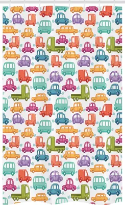 Image de ABAKUHAUS Voitures Rideau de douche étroit, motif griffonné vibrant, ensemble de décoration de salle de bain en tissu avec crochets, 120 x 180 cm, multicolore
