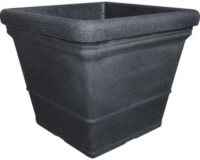 A square, dark gray plastic planter is shown against a white background.