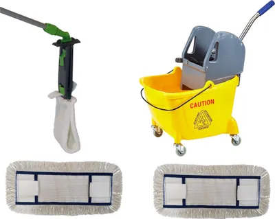 Produktbild von CleanSV® Wischset gelb Laschenmop 50 cm, Reinigungswagen 1 x 18 Liter Eimer, Presse, 1 Laschenmop Halter, 3 x Laschenmop Baumwollmop, Teleskopstiehl
