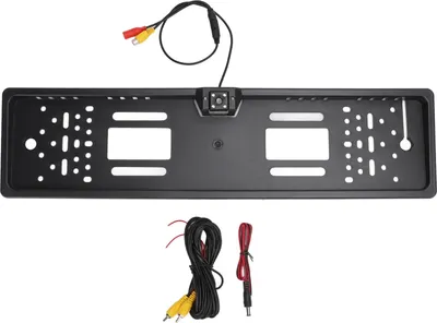 A license plate frame with a backup camera and cables, displayed on a white background.