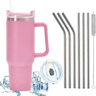 Productafbeelding van 1200 ml geïsoleerde beker van roestvrij staal met handvat, 40 oz, dubbelwandige koelbeker, reiskop, autokop, met rietje en lekvrije deksel, roze, 9 stuks, 40 oz