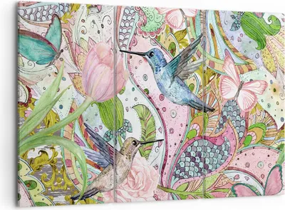 Produktbild von Bild auf Leinwand - Leinwandbild - Vogel Schmetterling Blume - 105x70cm - Wand Bild - Wanddeko - Leinwanddruck - Bilder - Kunstdruck - Wanddekoration - Leinwand bilder - Wandkunst - CE105x70-4065