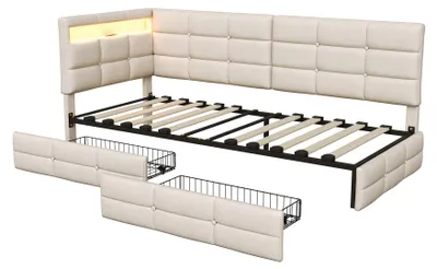 Produktbild von UnboxG Jugendbett Polsterbett 90x200cm mit Schublade und Led, Kinderbett mit USB, Klassisches Bett Holzbett mit Lattenrost, Holzbett für Damen Kinder Jugend, Leinen, Beige