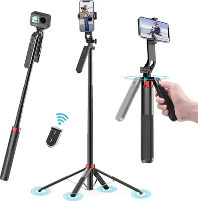 Produktbild von 180cm Handy Stativ, Selfie Stick Quad Stativ mit Bluetooth-Fernbedienung, 360° Rotation Aluminium ausziehbar Handy Stativ Ständer, Kompatibel mit Gopro, iPhone, Samsung, Xiaomi, Huawei