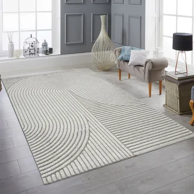 Produktbild von Teppich Wohnzimmer geometrisch Linien- und Bogenmuster grau Größe - 200 x 290 cm