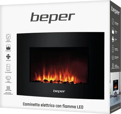 Obrázek produktu pro Elektrický krb Beper RI.503, 2000W, 5 nastavení, 3D plamen, montáž na zeď, týdenní časovač, dálkové ovládání, černý
