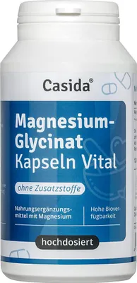 A white bottle of Casida Magnesium-Glycinat Kapseln Vital supplement against a white background.