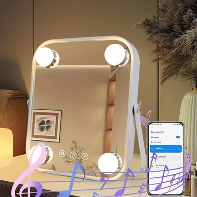 Immagine prodotto di ZELURXX Specchio per il trucco Bluetooth, con illuminazione, specchio cosmetico con 4 luci LED, touch control, ruotabile a 360°, 22 x 25 cm, specchio, bianco