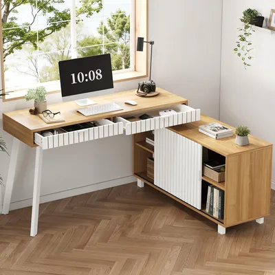 Zdjęcie produktu dla Biurko narożne Merax z 2 szufladami i drzwiami, biurko w kształcie litery L, nowoczesny styl minimalistyczny z pionowym wzorem w paski, białe + naturalne