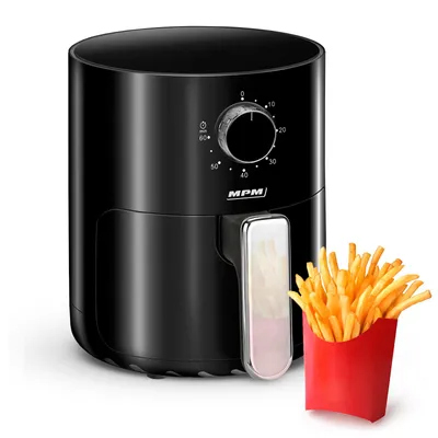 A black air fryer with a basket and a serving of french fries in a red container.