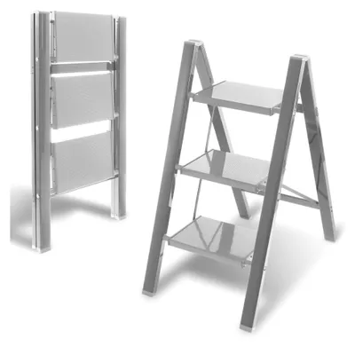 Produktbild von Klappbare Trittleiter mit 3 Stufen aus Aluminium, Sicherheitsleiter mit rutschfesten breiten Pedalen, leicht und tragbar für Haushalt und Büro