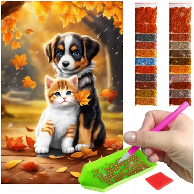 Produktbild von ARTULIO - Diamond Painting Set - Welpe mit Kätzchen in Herbstszene - 60 x 40 cm - Groß XXL - 5D Diamant Painting, Komplettset Mosaik