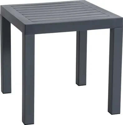 A dark gray square side table with a slatted top and four legs, presented against a white background.