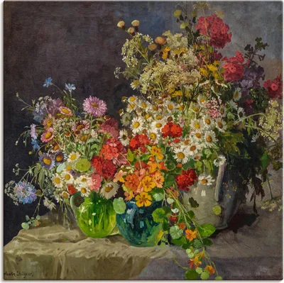 Produktbild von ARTland Leinwandbild Stillleben mit Wiesenblumen in Krügen. Größe: 50x50 cm