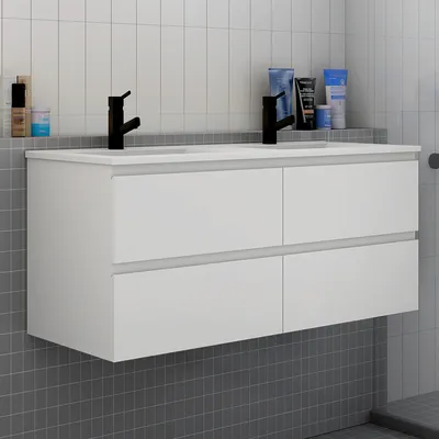 Produktbild von Badezimmermöbel 120cm CINIC-Serie Keramik Waschtisch mit Unterschrank Hängeschrank Badezimmerschränke mit 2 Schubladen Weiß Matt