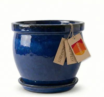 Immagine prodotto di Vaso da fiori in Vetroceramica con sottovaso Ø21cm Resistente al gelo Vaso per erbe aromatiche in gres blu reale