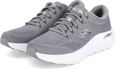 A pair of gray Skechers Arch Fit sneakers on a white background.