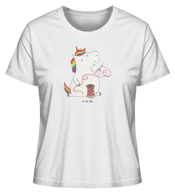 Produktbild von Mr. & Mrs. Panda Baumwoll T-Shirt Damen Einhorn Näherin Größe XL - Weiß - Geschenk, Freundin, für Frauen, Einhörner, Oberteil, Unicorn, Kurzarm, Nähen, Häkeln, shirt