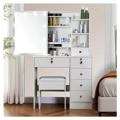 Produktbild von Schminktisch mit Beleuchtung und Spiegel, Frisiertisch mit Hocker, 6 Schubladen und 6 Ablagen