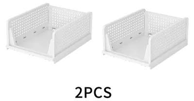 Image de Boîtes de rangement pour armoire - Lot de 2 - Paniers en plastique - Empilables - Pliables - Pour chambre, cuisine, maison - Rangement pour étagères - Blanc