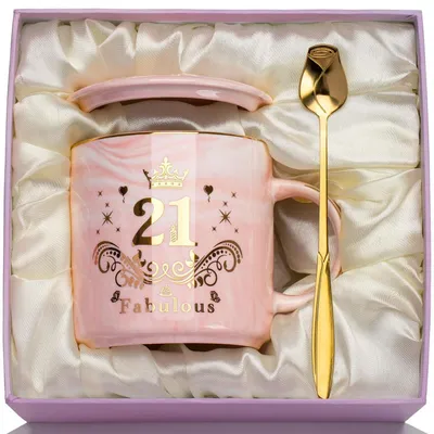 Immagine prodotto di Tazza da caffè per il 21° compleanno, decorata con motivi marmorizzati, in Vetroceramica, capacità 400 ml, con coperchio e cucchiaino