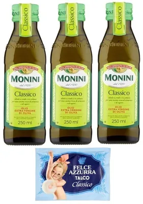 Produktbild von Monini 3er-Pack Monini CLASSICO Natives Olivenöl Extra,Olio Extra Vergine di Oliva,250ml Glasflaschen + 1er-Pack Felce Azzurra Talkumpuder, 100g-Beutel