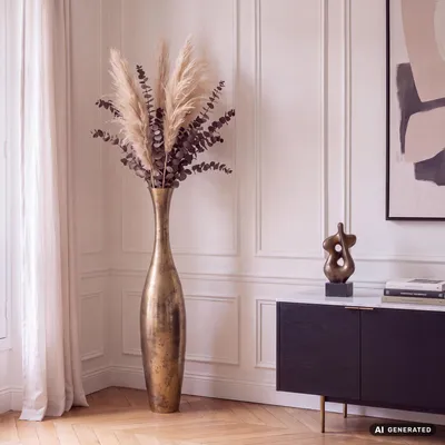 Obrázok produktu pre FineBuy Dekoratívna váza z hliníka 100 cm, zlatá, moderná, veľká, extravagantná váza na kvety, XXL, hliníková podlahová váza, kovová dekorácia do interiéru, ručne vyrobená, Obrázok generovaný UI