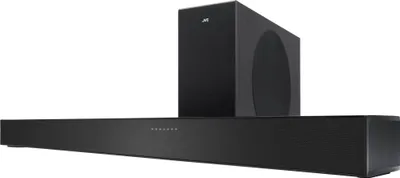 A black soundbar and subwoofer are displayed against a white background.