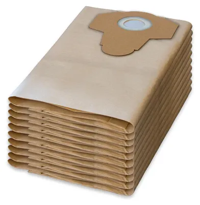 A stack of brown paper vacuum cleaner bags on a white background.