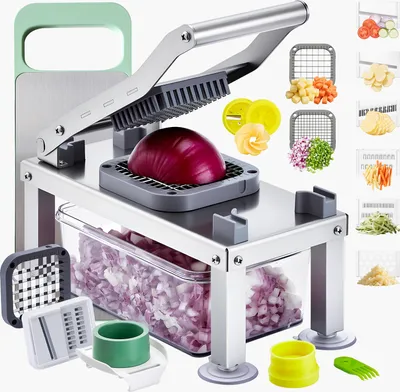 A multi-functional vegetable chopper with various attachments and cut vegetables displayed around it.