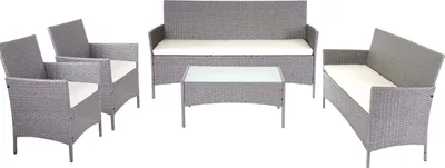 Produktbild von 3-2-1-1 Poly-Rattan Garten-Garnitur Halden, Lounge-Set Sitzgruppe Sofa  grau, Kissen creme