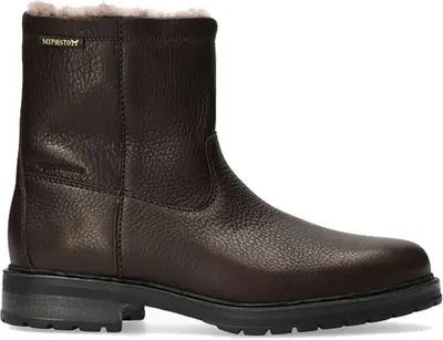 A single brown leather boot with fur lining, shown from a side-angle on a white background.