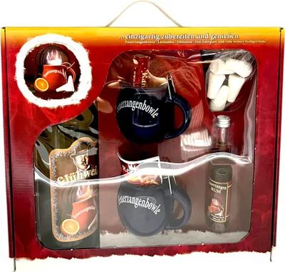 Produktbild von Feuerzangenbowle Geschenkset 2 blaue Tassen, 1 l Glühwein, Rum, Zuckerhütchen, Rezeptheft, Kaminhölzer