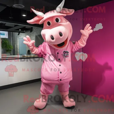 Produktbild von Maskottchenfigur REDBROKOLY eines rosa Zebus mit Spielanzug und Mütze
