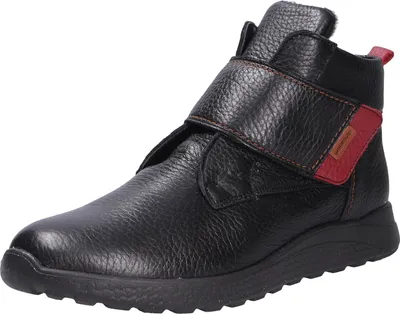 A single black boot with red accents is shown against a white background.