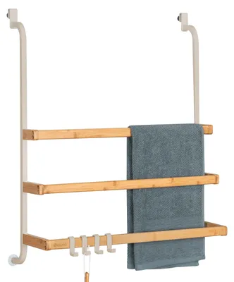 Image de Porte-serviettes mural pour paroi de douche en verre, de la marque eluno, avec 3 barres porte-serviettes en métal et en bambou, couleur beige