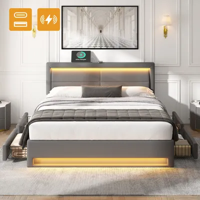 Immagine prodotto di Letto imbottito MODFU Funzionale 140 x 200 cm con porta di ricarica USB (supporta la ricarica wireless e con cavo), letto matrimoniale con contenitore e illuminazione a LED,Poliuretanogrigio (senza materasso)