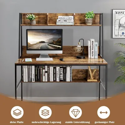 Produktbild von Computertisch mit Ablage & Bücherregal & Verstellbaren Fußpads Schreibtisch Arbeitstisch Kaffee