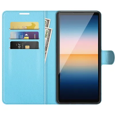 A light blue flip case for a smartphone, with credit cards and cash inserted.