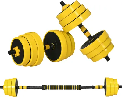 Zdjęcie produktu dla Zestaw hantli i sztangi HOMCOM 25 kg, regulowany, ergonomiczny zestaw hantli 3 w 1, 12 talerzy, 2 krótkie kije, 1 długi kij, żółty + czarny