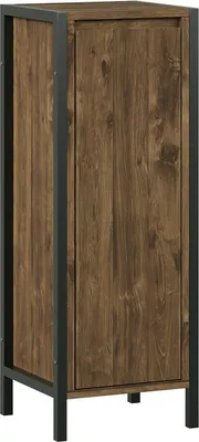 A tall, narrow cabinet with a wooden door and a black metal frame, shown against a white background.