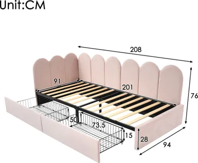Produktbild von Polsterbett Einzelbett mit Schubladen,Daybett Tagesbett Schlafsofa 90x200cm,Stauraumbett mit Lattenrost,Jugendbett und Erwachsene Kinderbett,Samt,Rosa(Ohne Matratze)